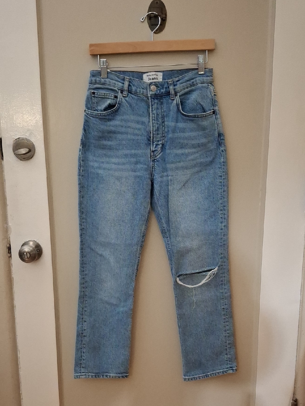 Reformation Jeans Liza High Rise Straight Cropped Light Blue Denim Jeans_1